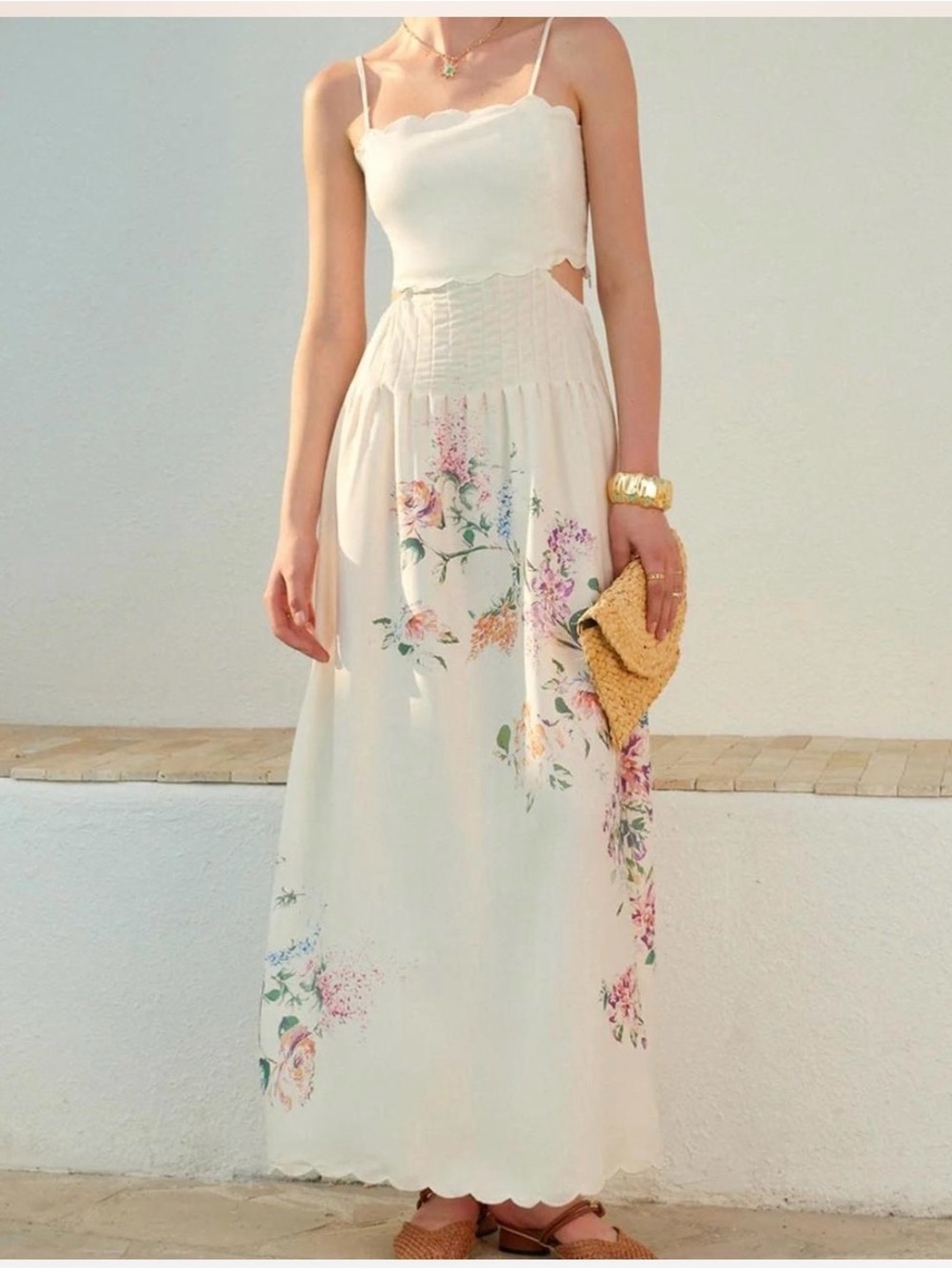 Commense floral print lace -up back sleeveless dress